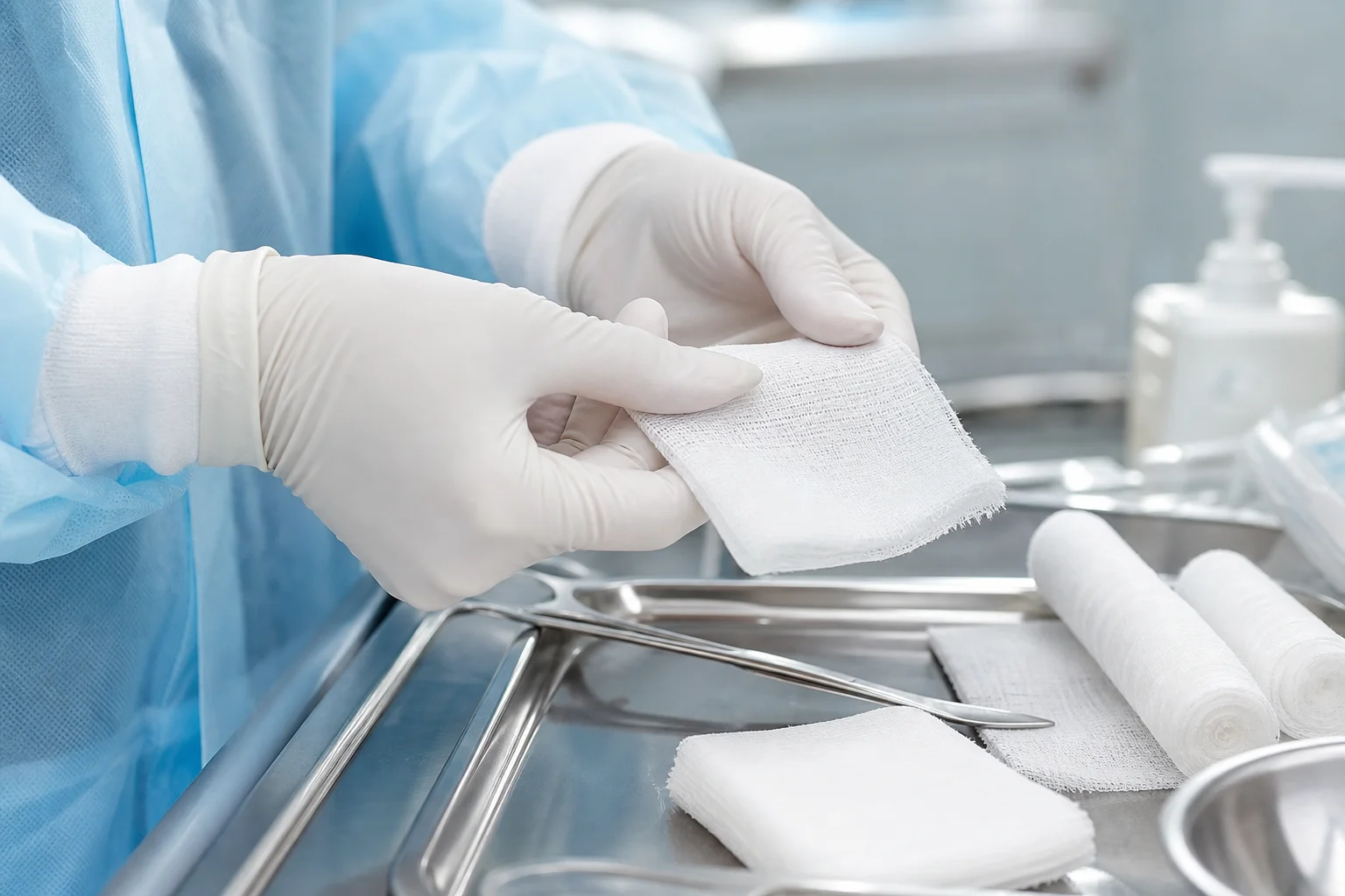 Clinical use of absorbent cotton gauze during wound dressing preparation
