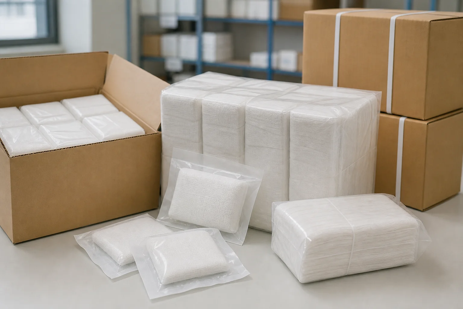 Celery Pharma cotton gauze packaging and export cartons prepared for hospital and distributor supply