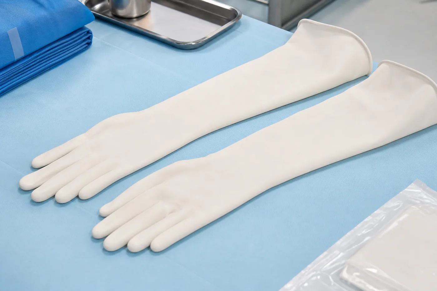 Sterile elbow-length gynaecologist surgical gloves by Celery Pharma for OB/GYN procedures
