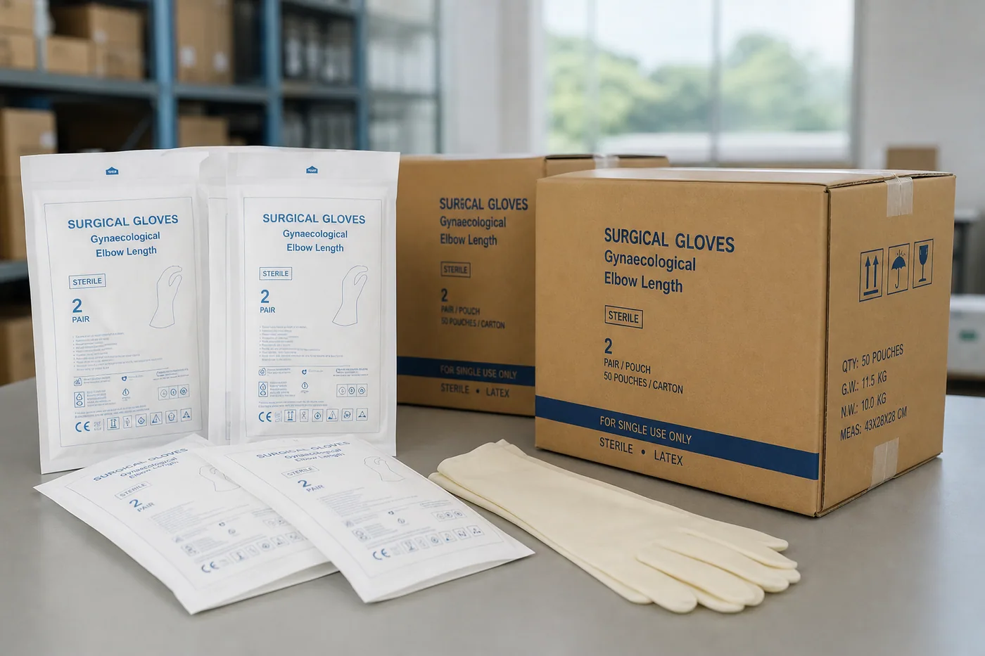 Celery Pharma elbow-length GYN surgical glove packaging and export cartons