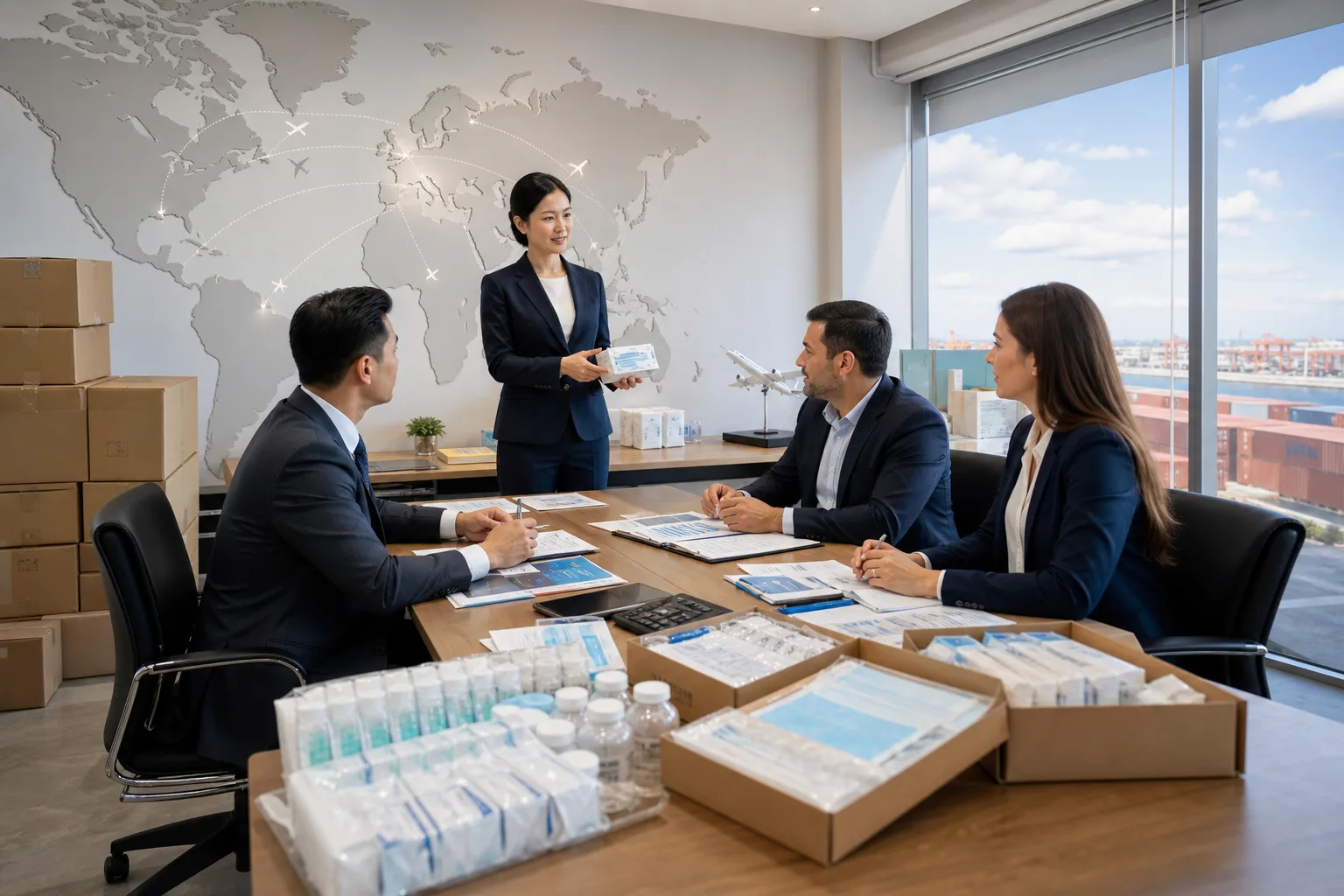 Celery Pharma global export office with world map and shipping coordination workspace