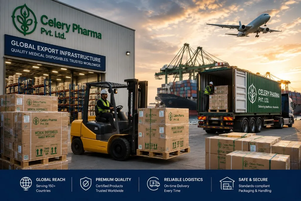 Celery Pharma global export infrastructure with warehouse, forklift, medical disposable packaging and ocean freight containers