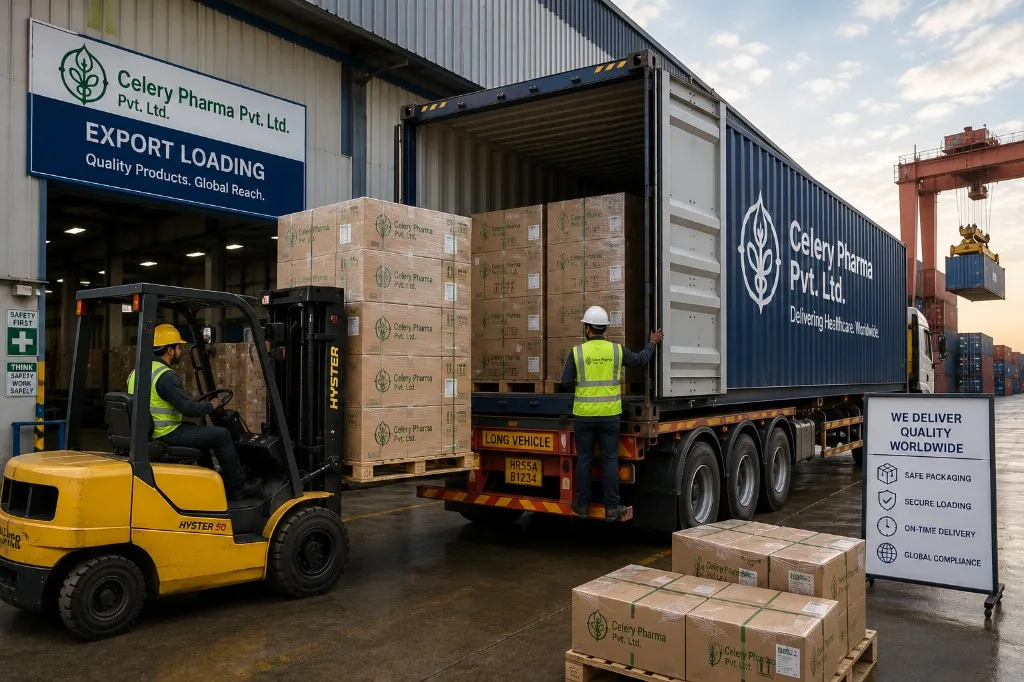 Forklift loading Celery Pharma products into shipping container at export dock