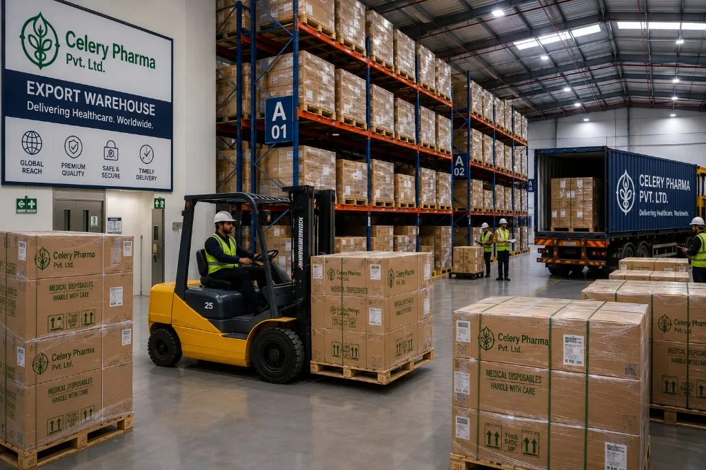 Celery Pharma export warehouse with forklift, storage racks and container loading