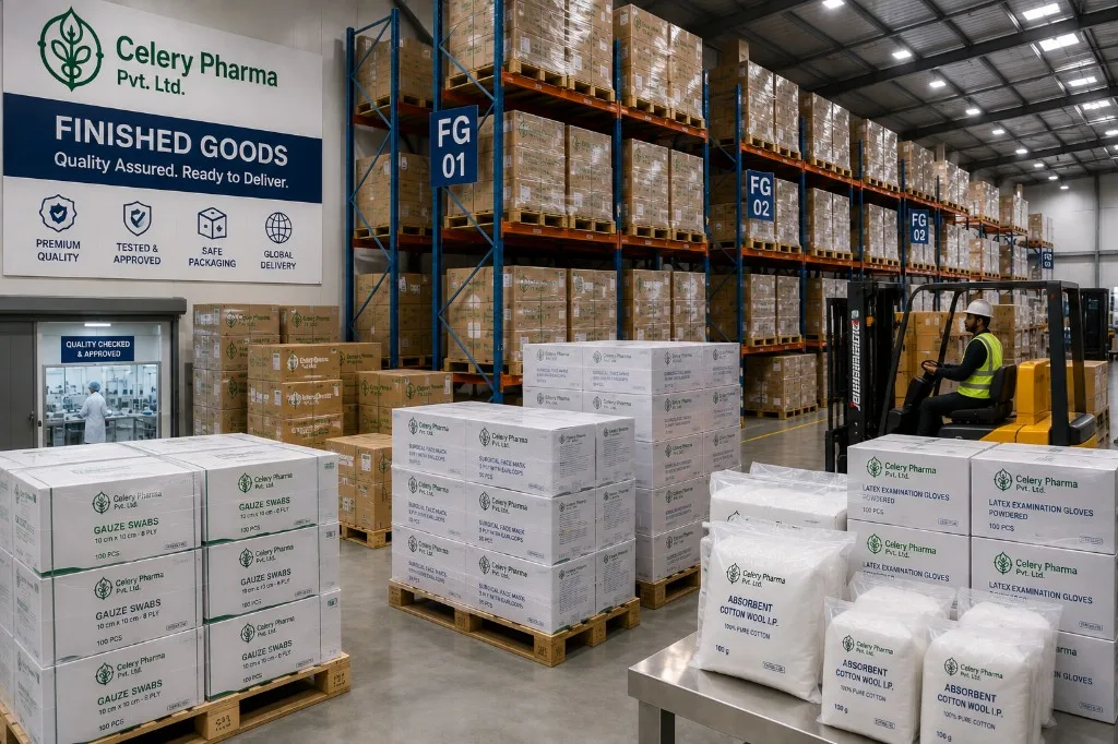 Finished goods warehouse with medical disposables ready for dispatch