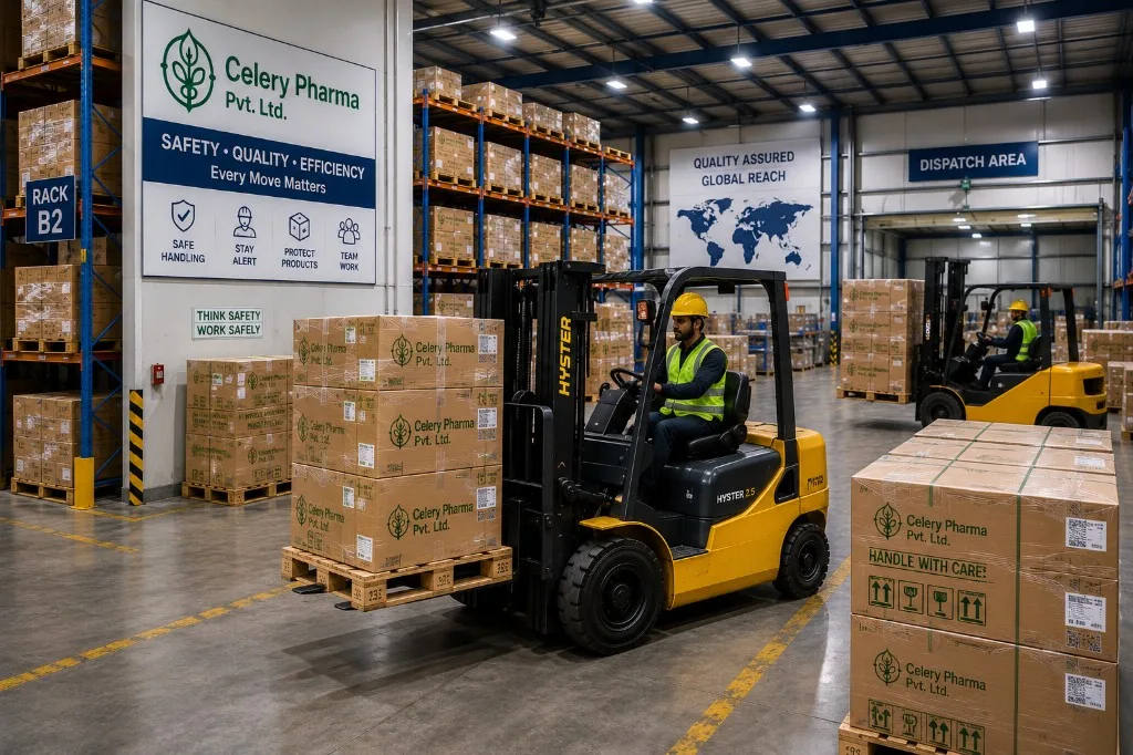 Forklift moving palletized medical products inside Celery Pharma warehouse