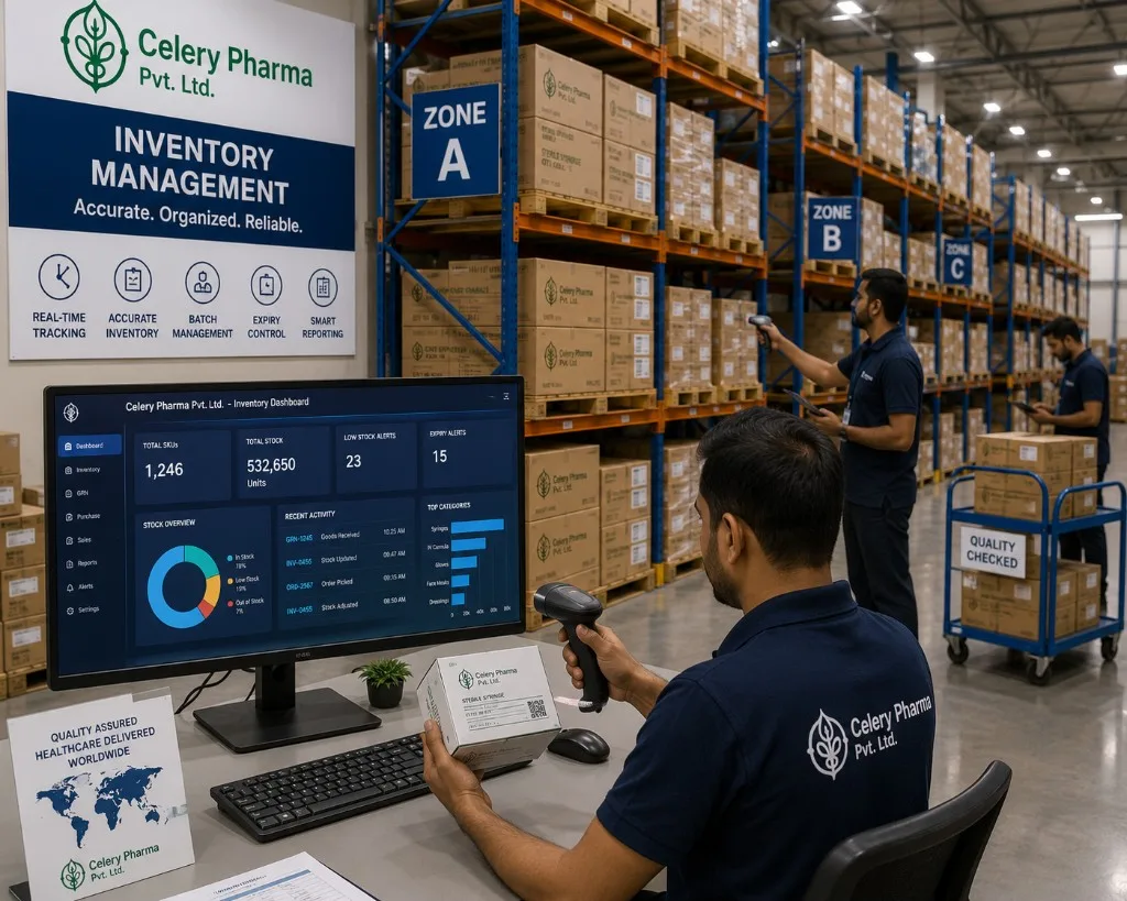 Inventory control workstation with barcode scanning and stock dashboard