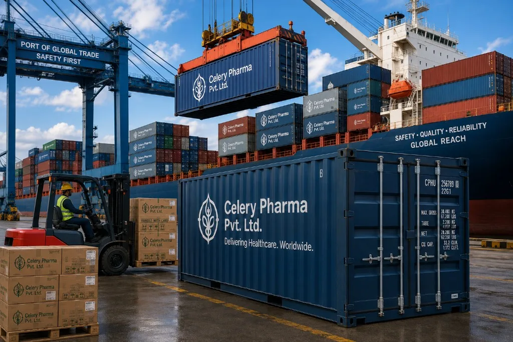 Ocean freight containers and port logistics for Celery Pharma global exports