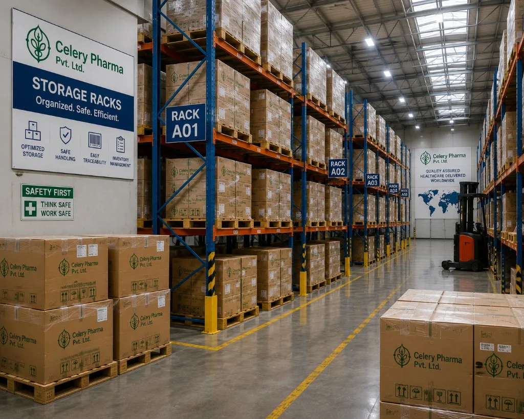 Organized warehouse storage racks with palletized Celery Pharma inventory