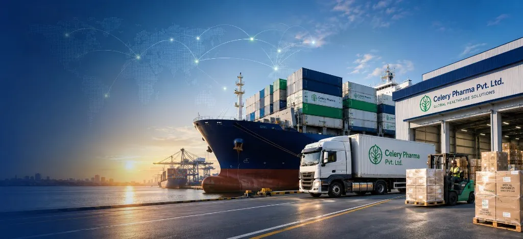 International medical export port with container ship, warehouse, logistics truck, forklift and shipping containers