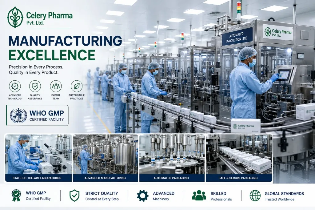 Celery Pharma WHO GMP manufacturing excellence with automated production, laboratories, packaging and quality processes