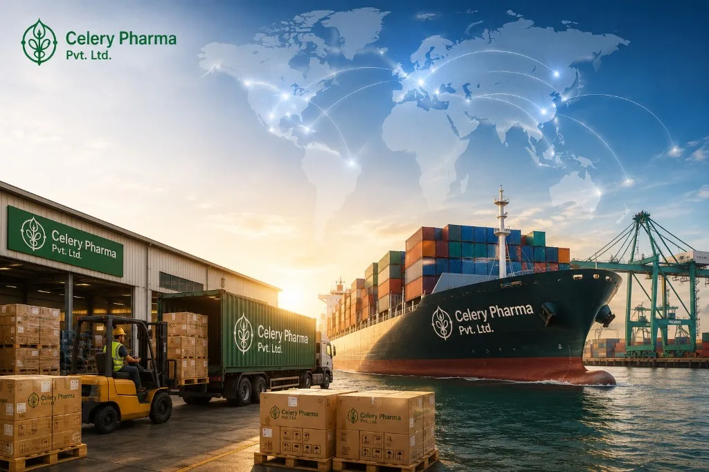 Celery Pharma worldwide partnership logistics with port shipping, container truck, forklift and global distribution network