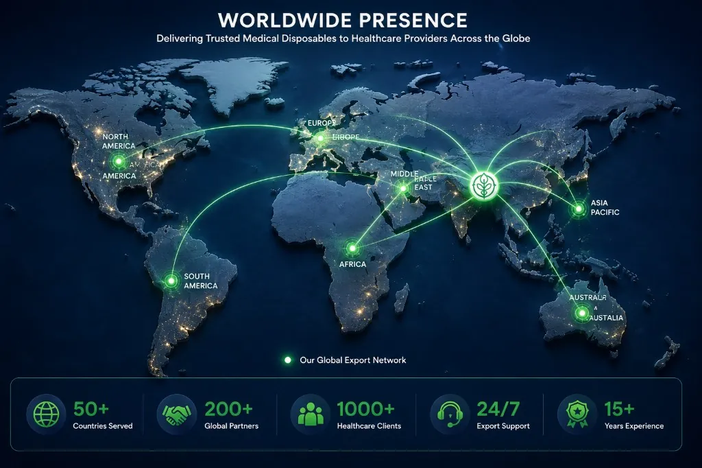 Celery Pharma worldwide presence map showing global medical disposable export network across continents with 50+ countries served