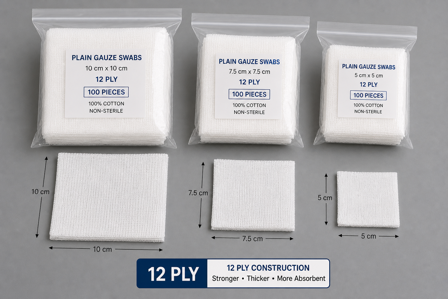 Plain Gauze Swabs 12 ply construction in multiple sizes with dimension markings
