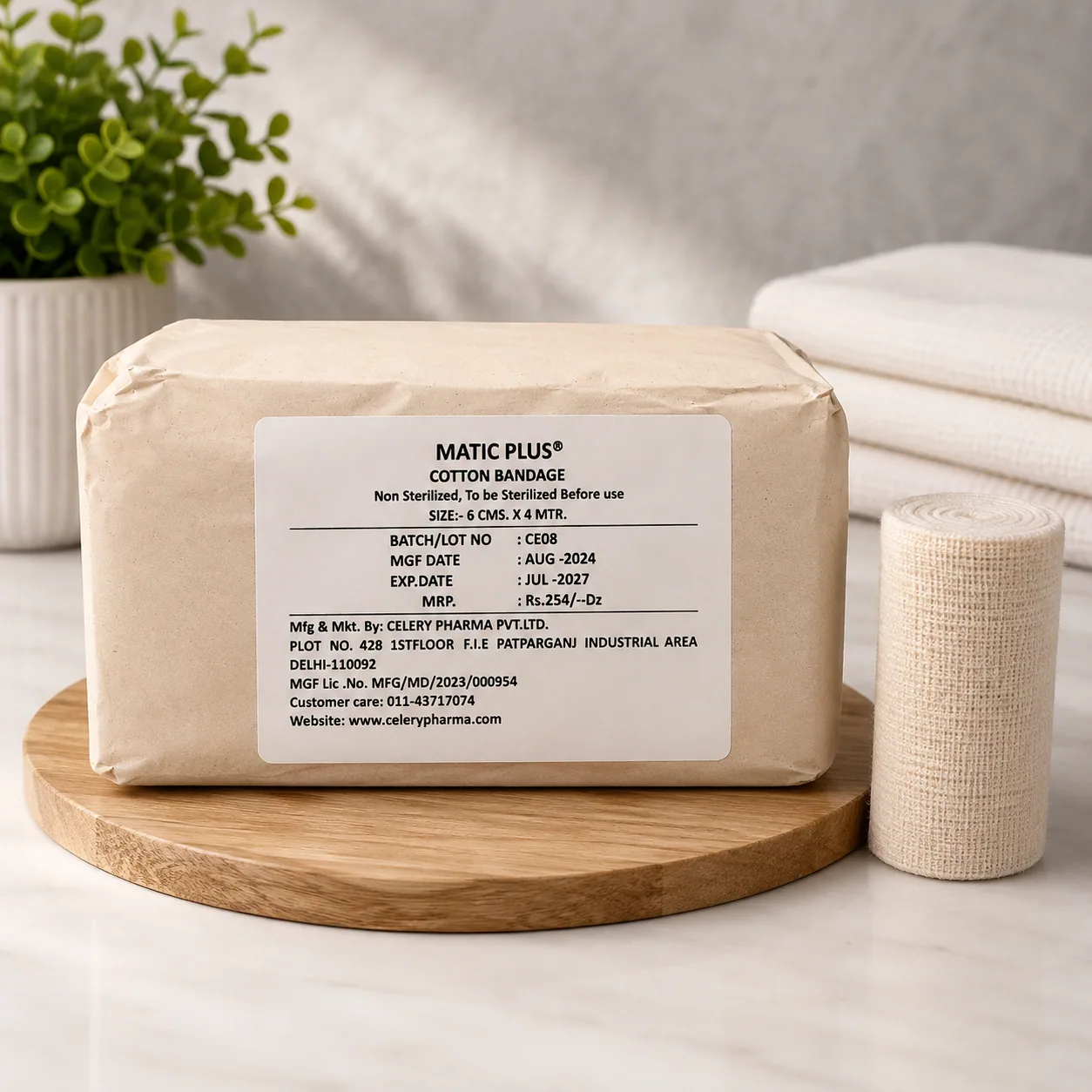 Cotton crepe bandage rolls manufactured by Celery Pharma for wound dressing support and clinical use