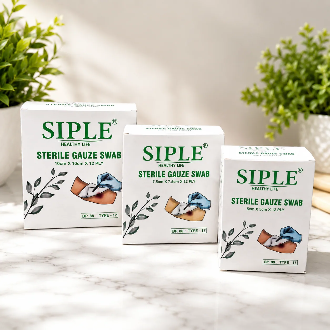 Sterile absorbent gauze swab pads manufactured by Celery Pharma for wound care and clinical procedures