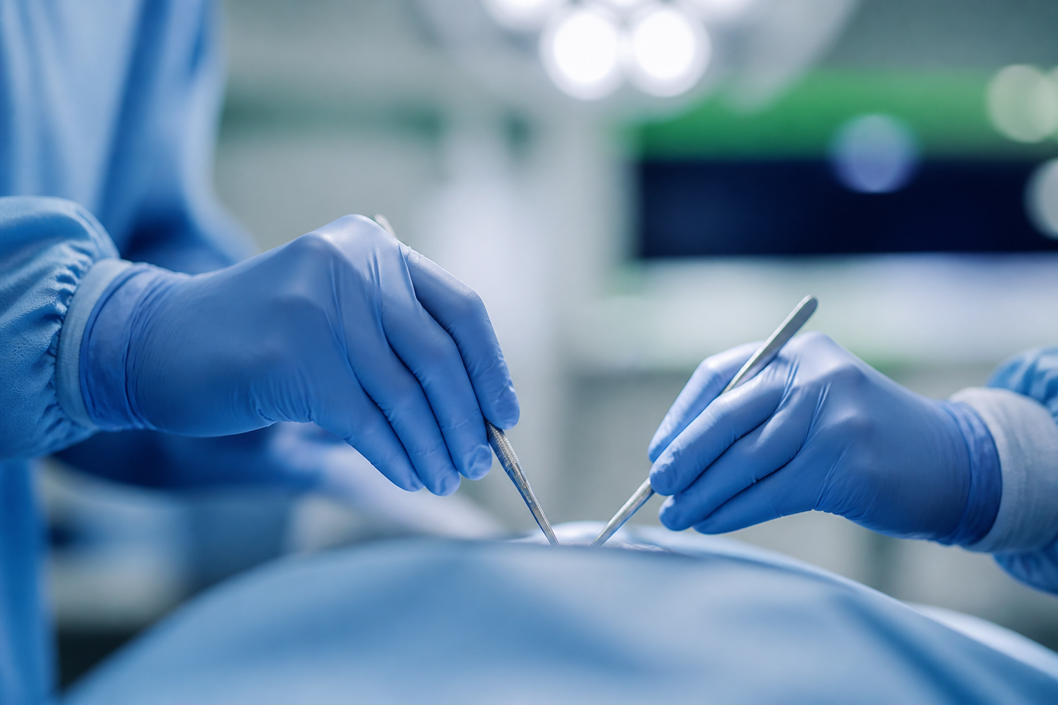 Sterile blue latex surgical gloves by Celery Pharma for operating theatre procedures