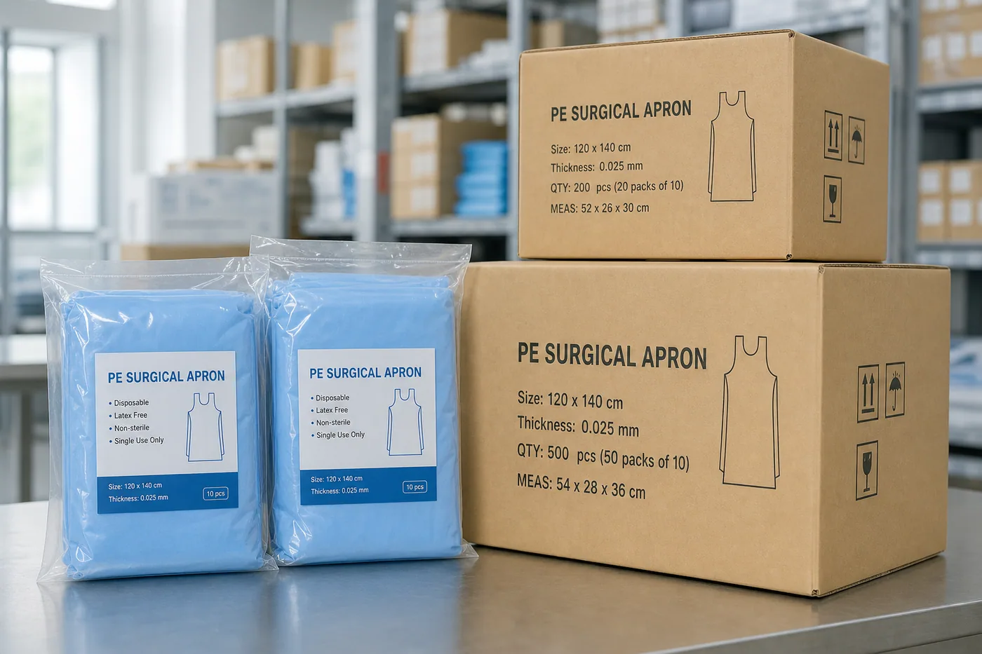 Celery Pharma PE surgical apron packaging and export cartons for hospital and distributor supply